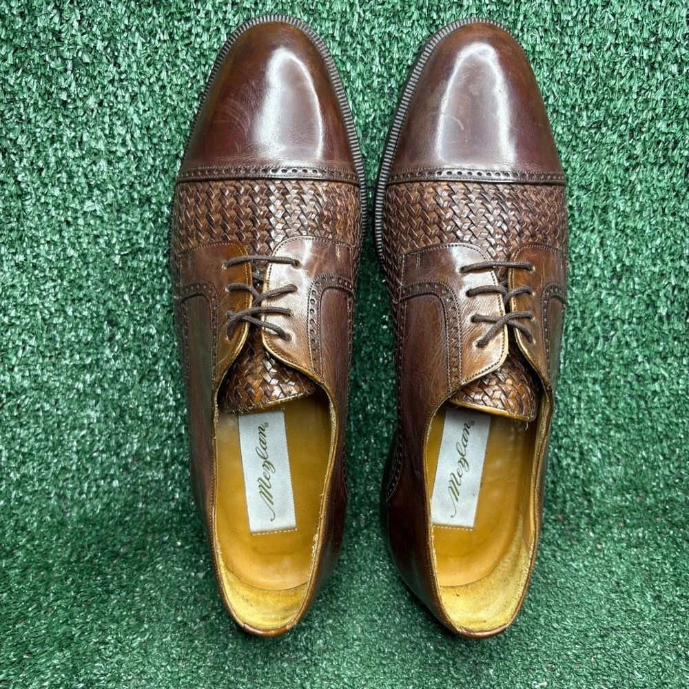 Mezlan Cancun Woven Leather Cap Toe Brogue Oxford Dress Shoes Brown Mens Sz 10 M